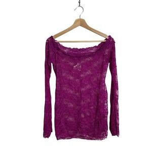 Lovers Lane Y2K Large‎ Magenta Sheer Floral Lace Off Shoulder Top Whimsigoth